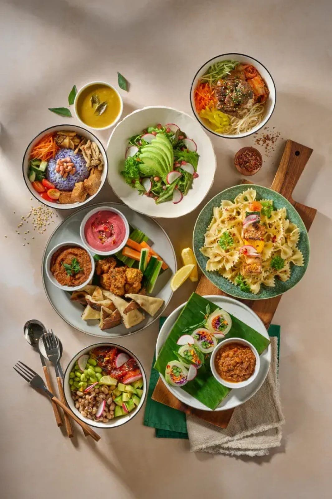 A spread of plant-based dishes from the Savor kitchen